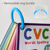 A stack of colorful CVC words spelling cards with a removable ring buckle shown next to a purple card.
