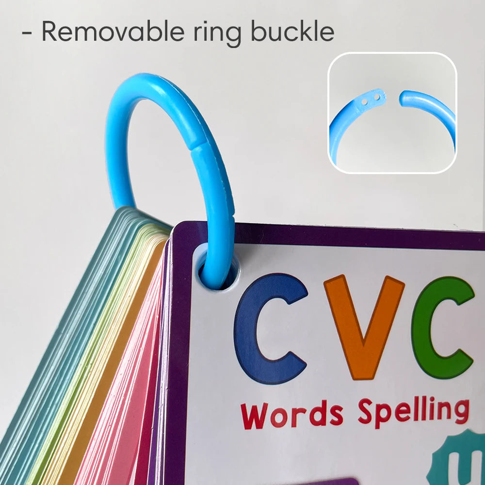A stack of colorful CVC words spelling cards with a removable ring buckle shown next to a purple card.