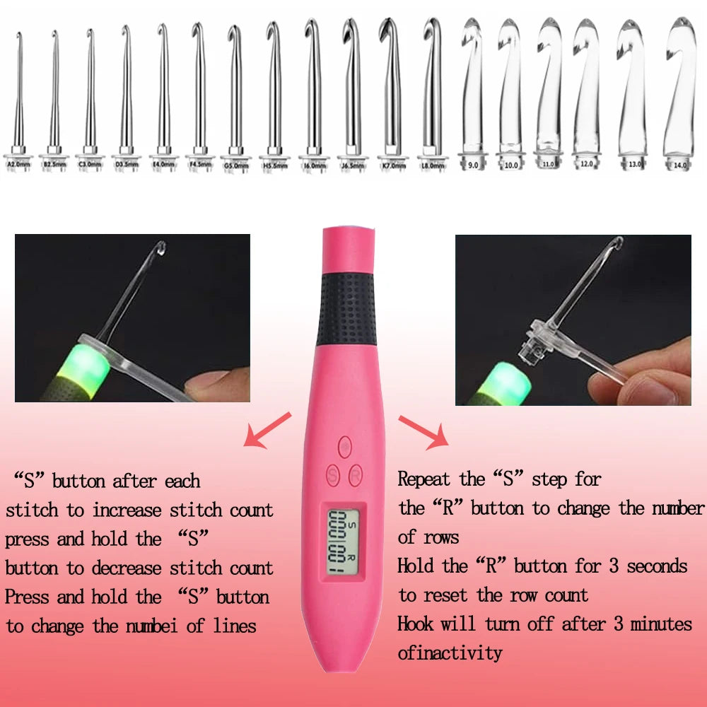 LED Lighted Crochet Hook Set with Interchangeable Heads and Built-in Stitch Counter