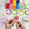 A DIY bracelet making kit showing various colored letter and pony beads in small plastic containers and a hand stringing a br