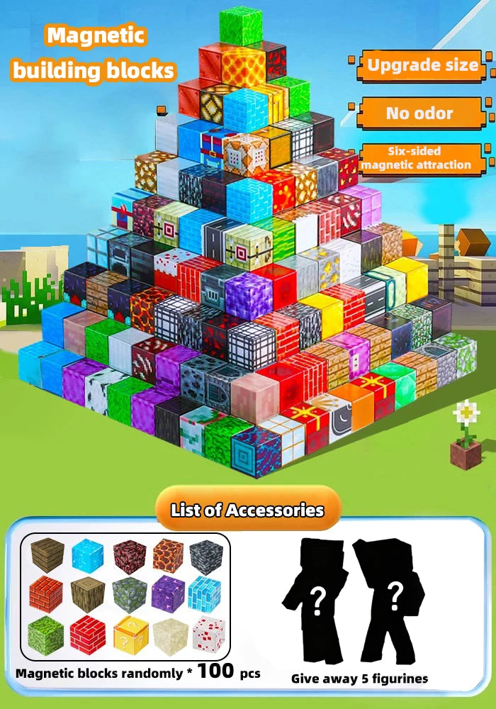 Pyramide de blocs de construction magnétiques colorés avec accessoires et liste d'extras.