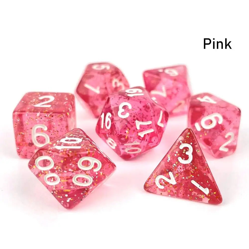 A set of seven pink polyhedral acrylic dice showing various numbers and dots.