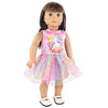 A doll wearing a pink and purple unicorn themed outfit with a sparkly tulle skirt.