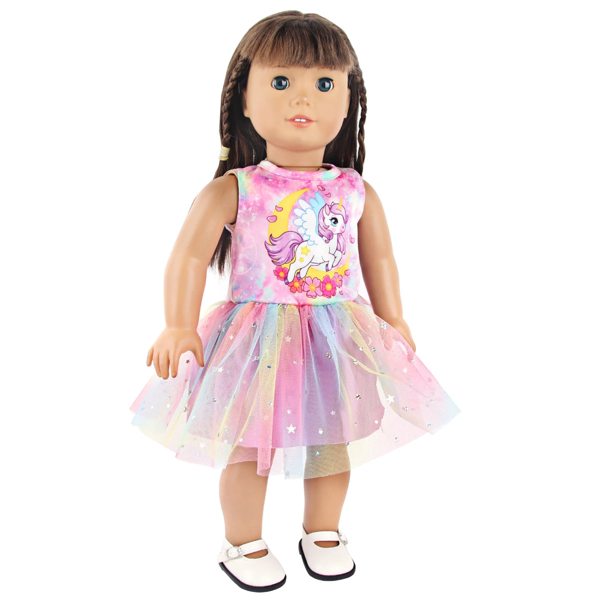 A doll wearing a pink and purple unicorn themed outfit with a sparkly tulle skirt.