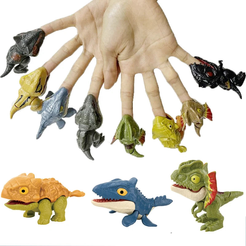A hand is holding various finger dinosaur fidget toys, including a large tyrannosaurus and smaller reptiles.