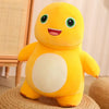 A bright yellow dinosaur plush toy with a white belly and smiling face sitting on a woven surface.