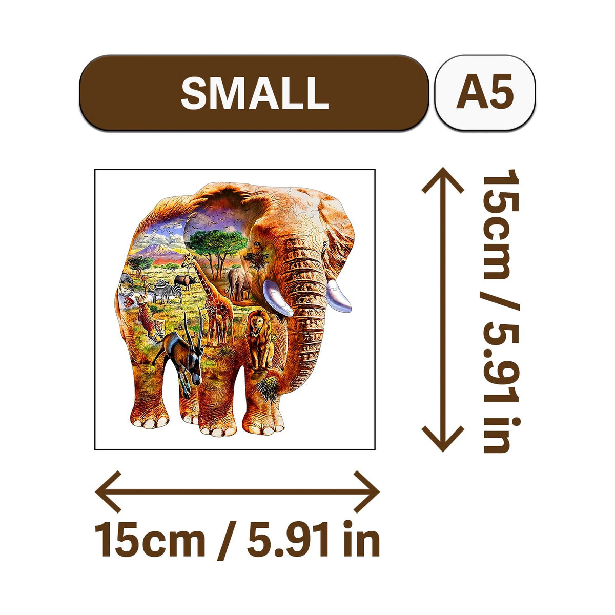 A small A5 wooden jigsaw puzzle depicting an elephant.