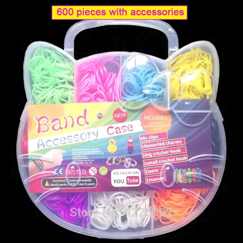 A clear plastic accessory case containing 600 rainbow colored loom bands and various accessories for DIY bracelet making.