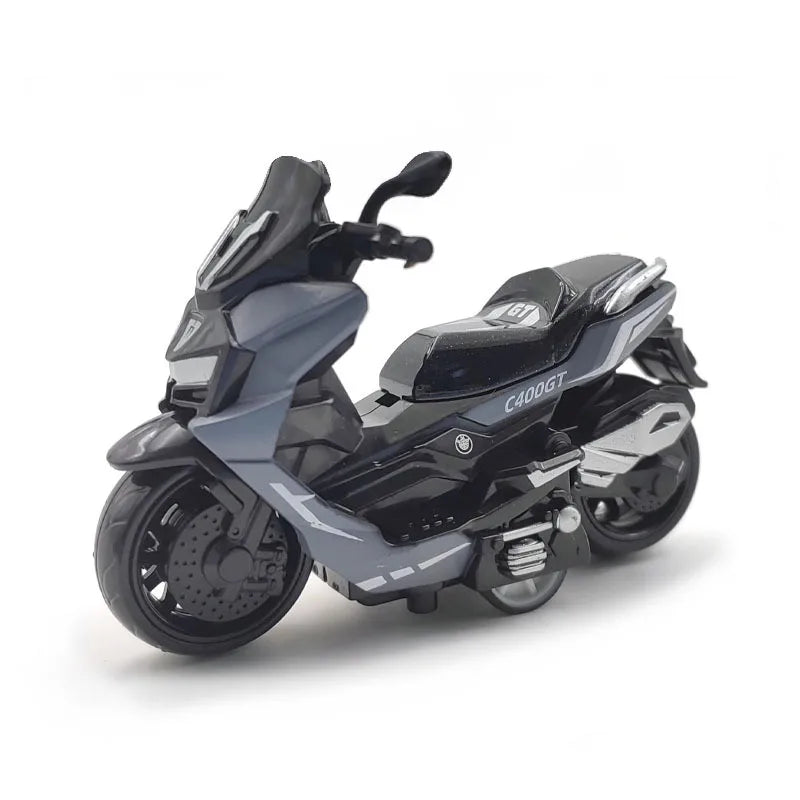 A black and gray vintage-style pull-back motorcycle toy car for kids.