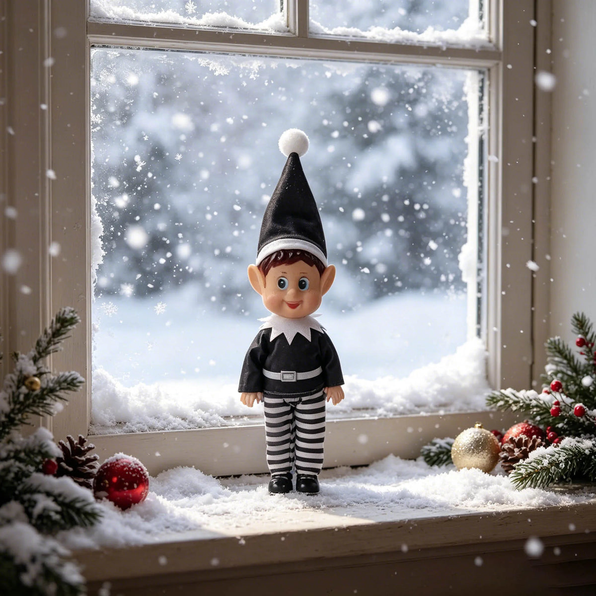 A small elf decoration with a black hat and white beard stands in front of a snowy window.
