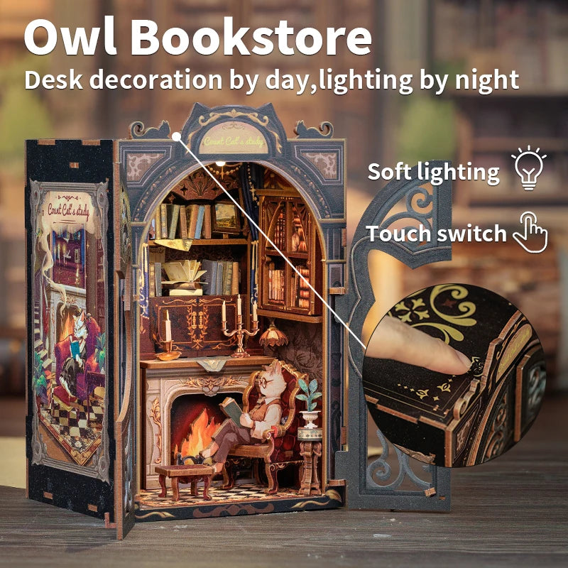 A DIY book nook kit featuring a wooden dollhouse bookshelf insert with an arched window and fireplace.