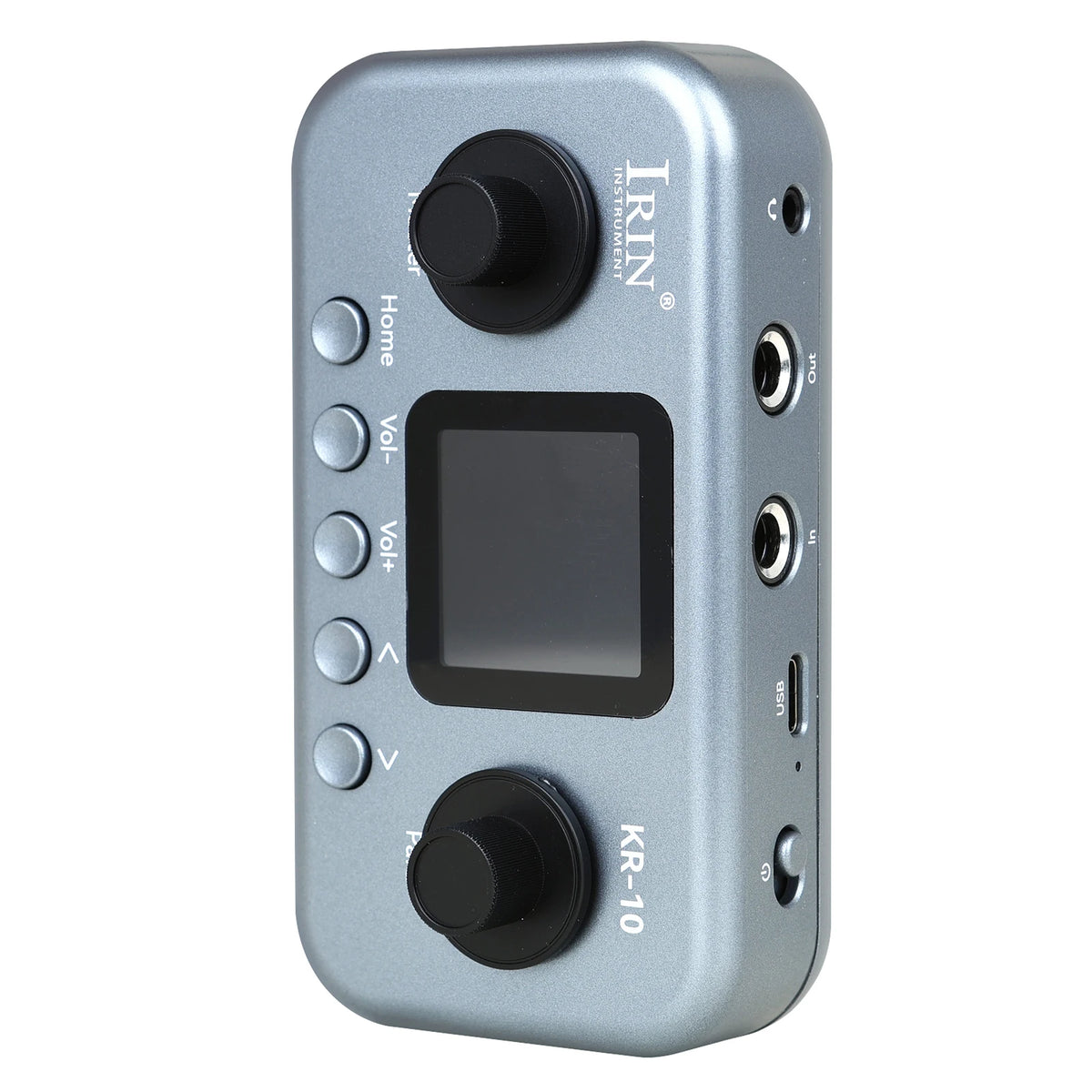A silver portable multi-effects processor labeled IRIN KR-10 with various knobs and a display screen.