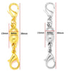 A set of five gold and silver magnetic lobster claw clasps for jewelry making displayed with size measurements.