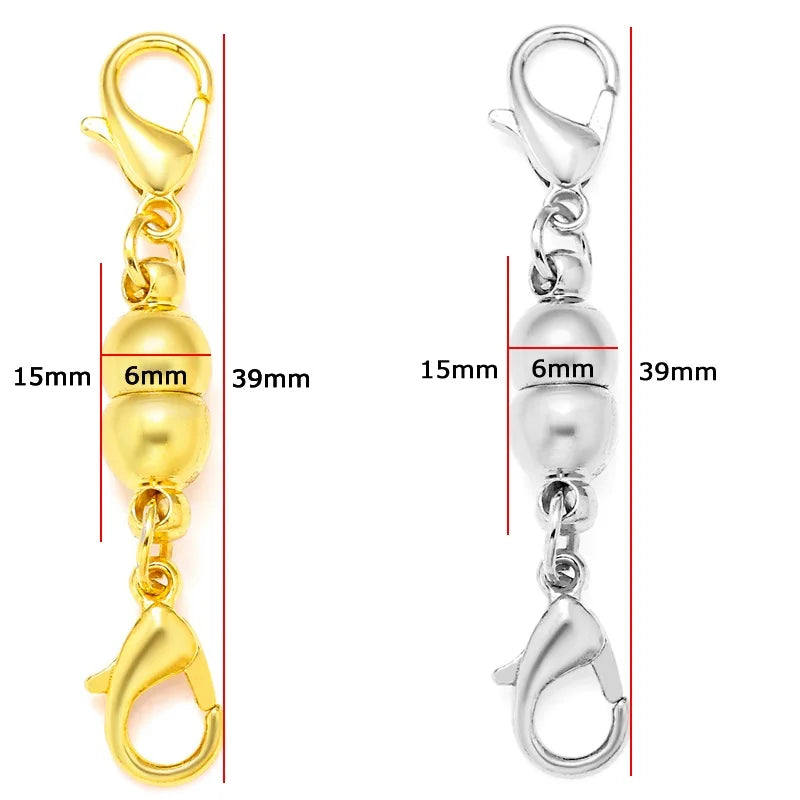 A set of five gold and silver magnetic lobster claw clasps for jewelry making displayed with size measurements.