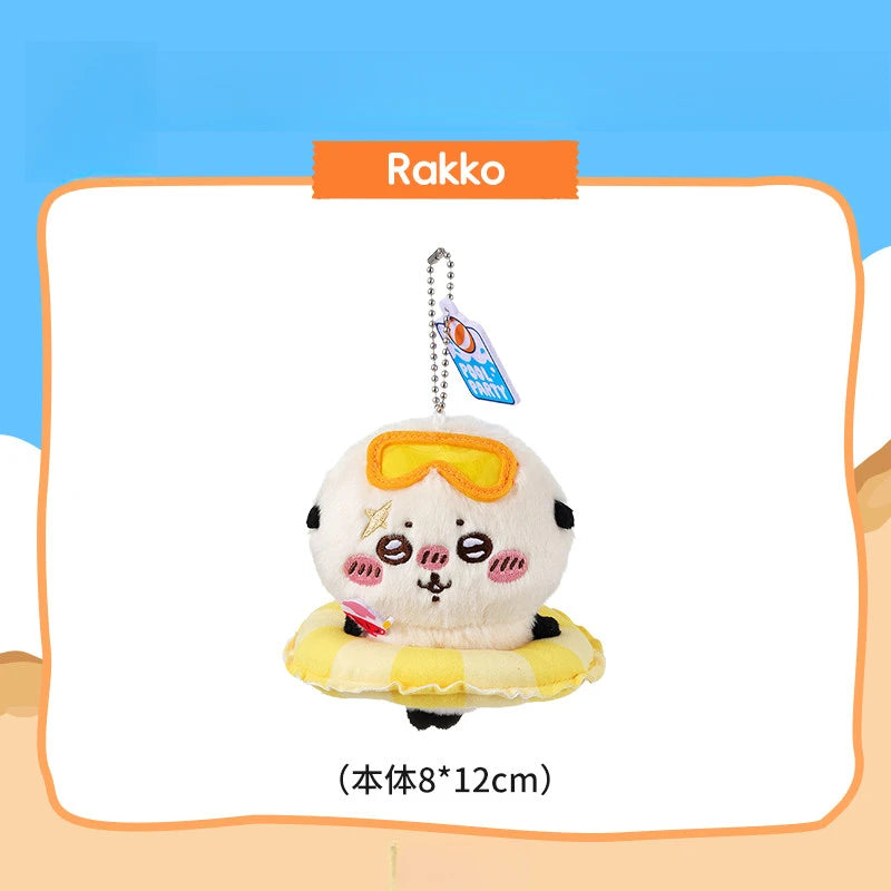 A white and yellow plush keychain charm shaped like a panda wearing orange goggles and a swimming ring.