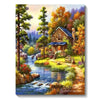 A vibrant forest landscape painting featuring a wooden cabin by a flowing stream and lush autumn foliage.
