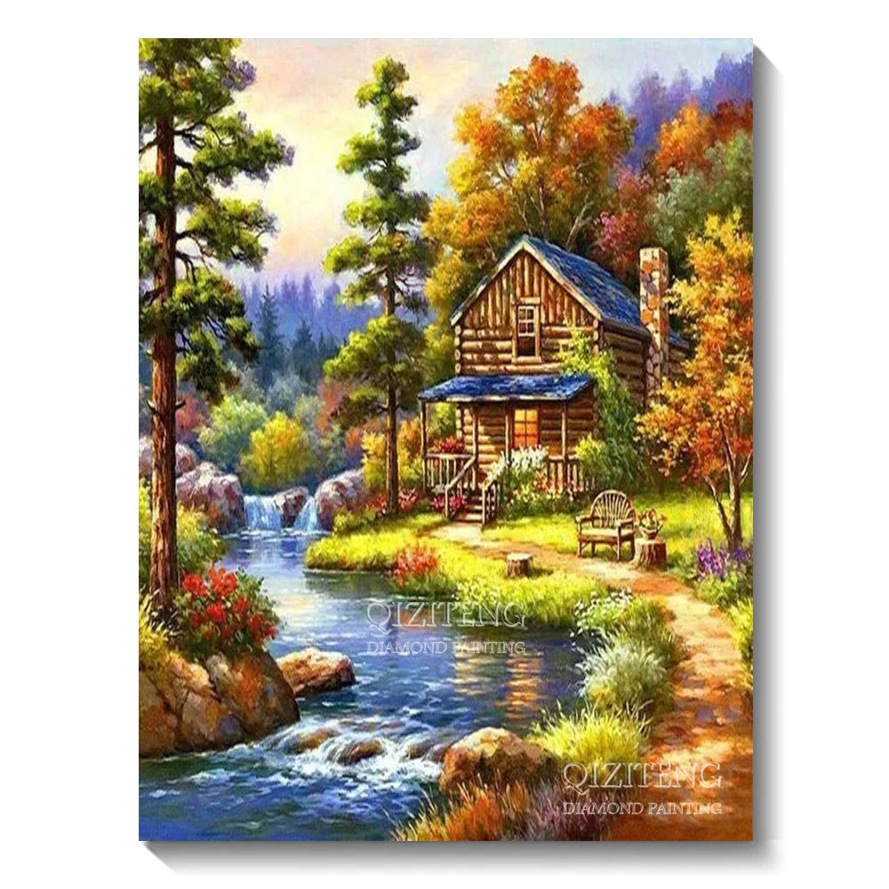 A vibrant forest landscape painting featuring a wooden cabin by a flowing stream and lush autumn foliage.