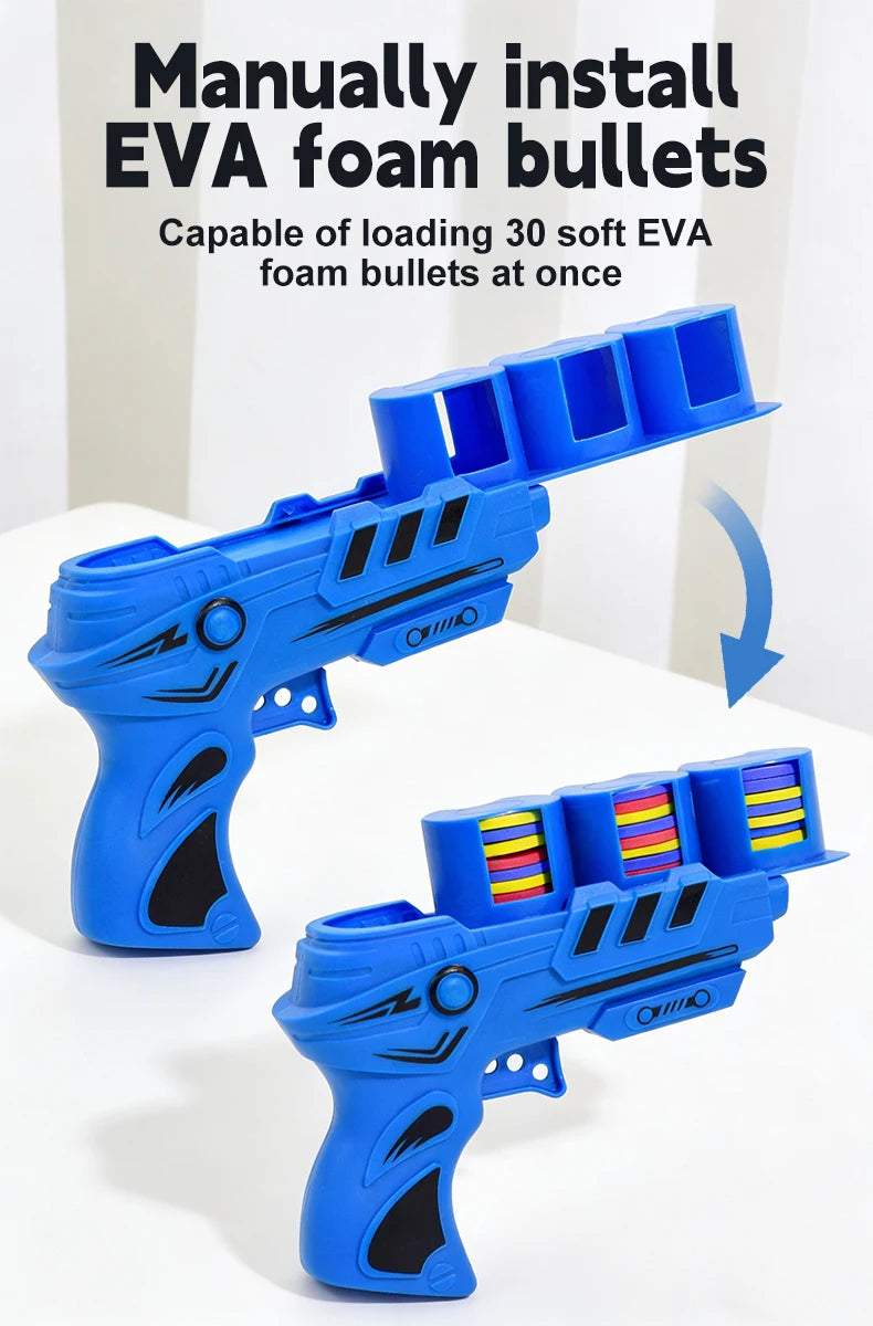 A blue EVA foam bullet launcher toy gun with colorful foam bullets loaded inside.
