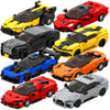 A collection of various colored classic supercar building blocks, including yellow, red, black, blue, and orange models.