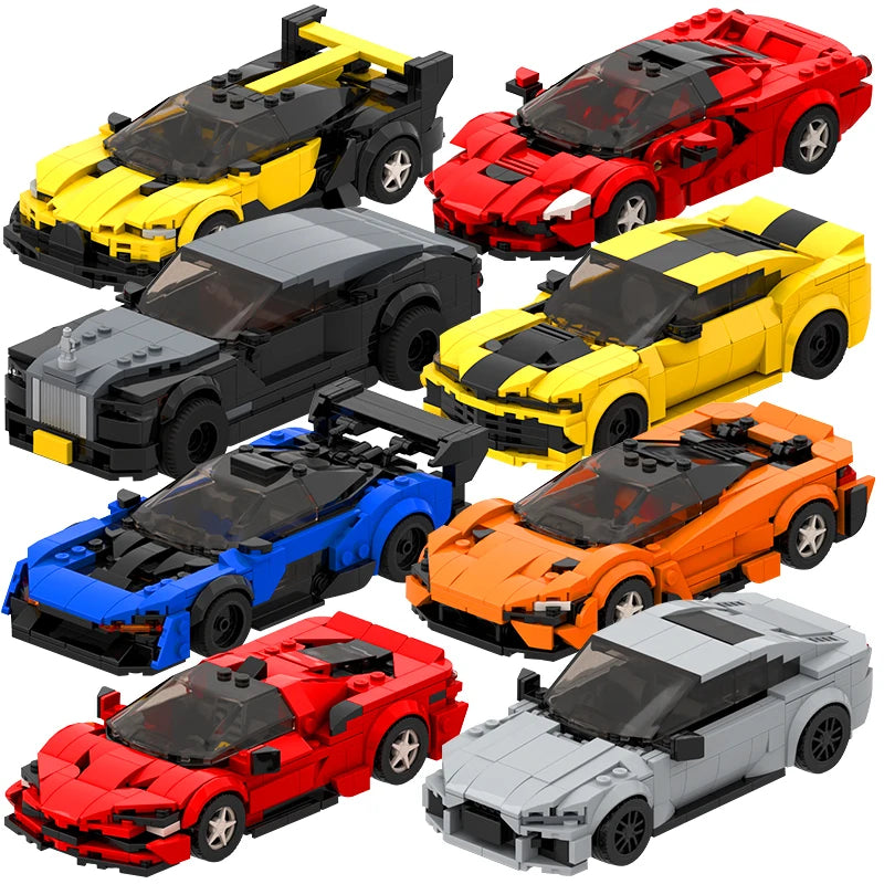 A collection of various colored classic supercar building blocks, including yellow, red, black, blue, and orange models.