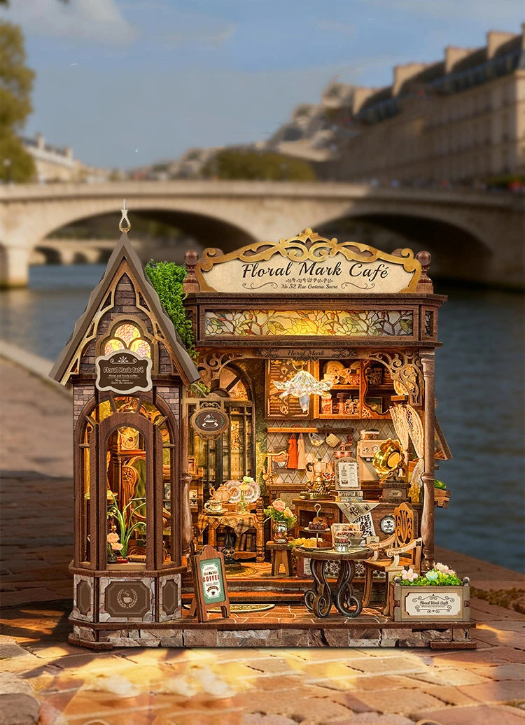 DIY Wooden Flower Shop Café Dollhouse Miniature Kit with LED Lighting