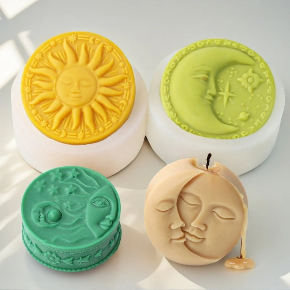 Silicone molds of a sun and moon face in yellow, green, and beige for candles and soap making