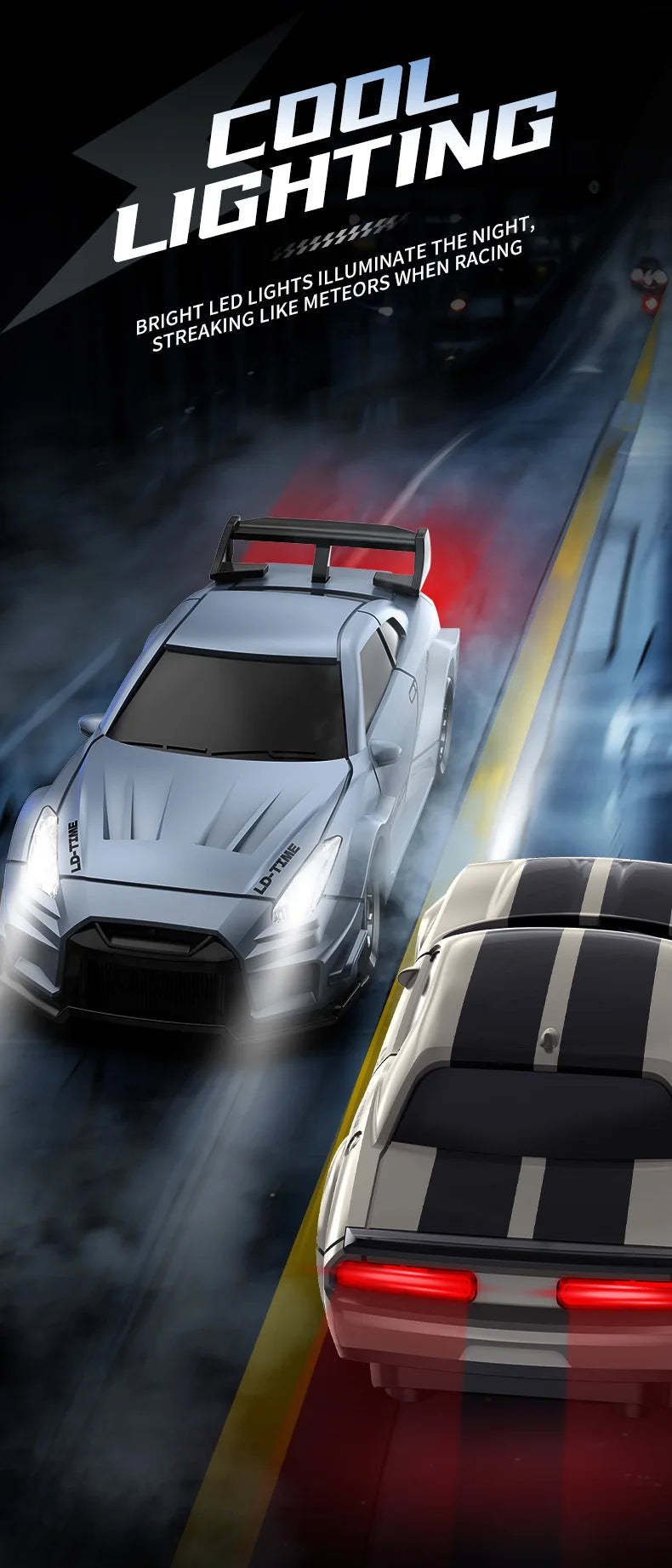 A silver mini 4WD remote control stunt car is shown racing on a track with bright LED lights illuminating the night.