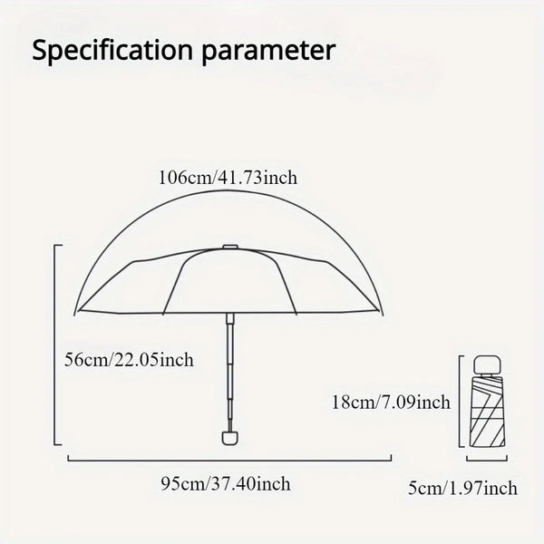 Technical drawing showing the dimensions of a compact 5-fold sun and rain umbrella.