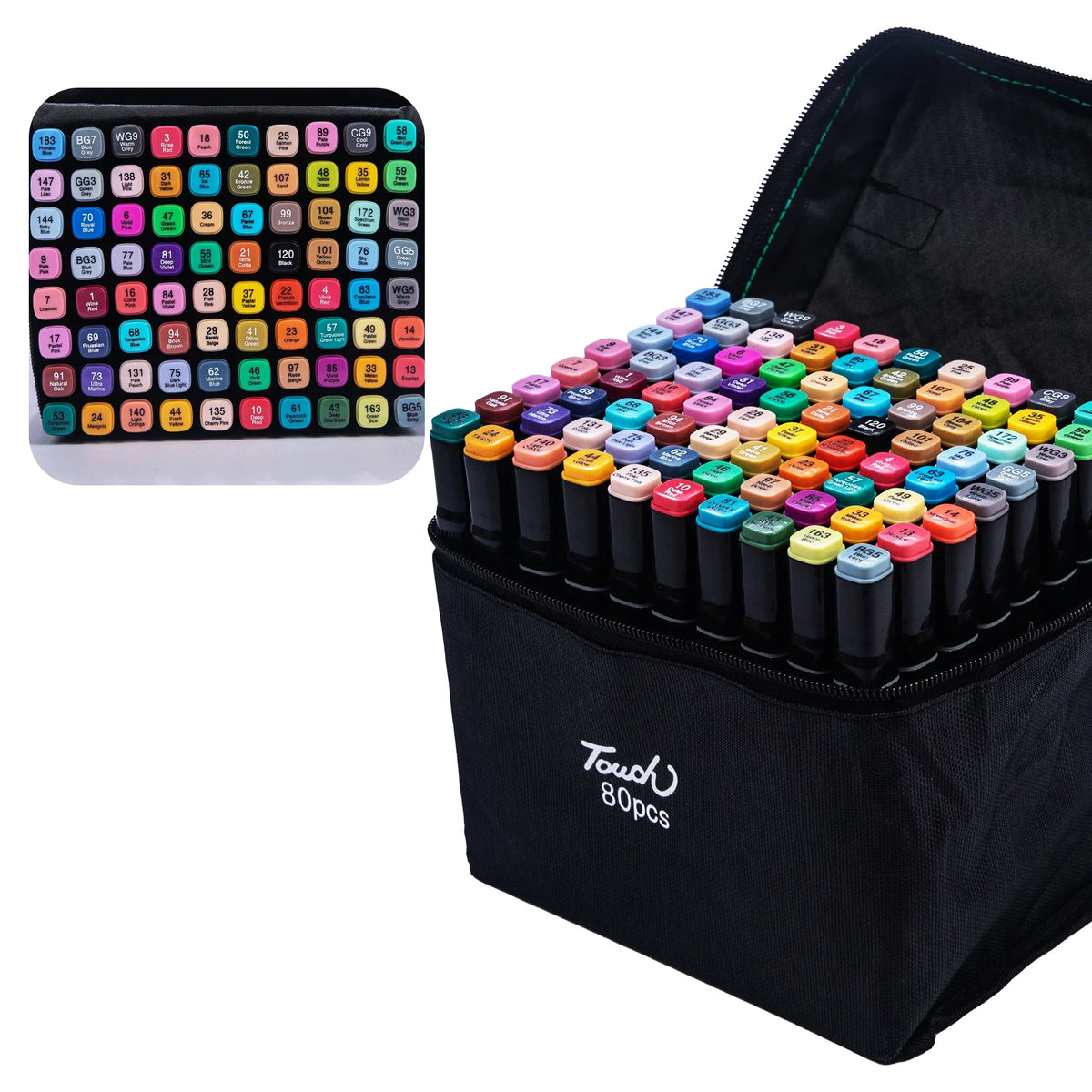 A black pouch containing 80 alcohol markers with various colors and tips for art sketching and manga.