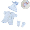 Light blue cozy winter romper outfit for a reborn doll, including a matching hat and gloves.