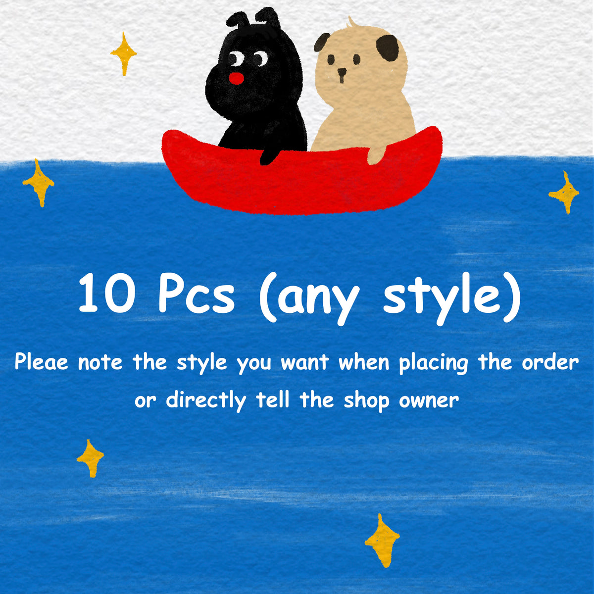 A red boat floats on blue water carrying two black and cream-colored animal figures.