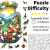 A premium wooden jigsaw puzzle featuring an animal-shaped scene with unique pieces and a challenging difficulty rating.