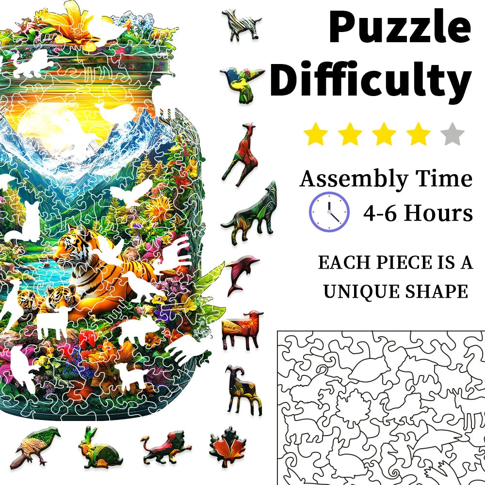 A premium wooden jigsaw puzzle featuring an animal-shaped scene with unique pieces and a challenging difficulty rating.