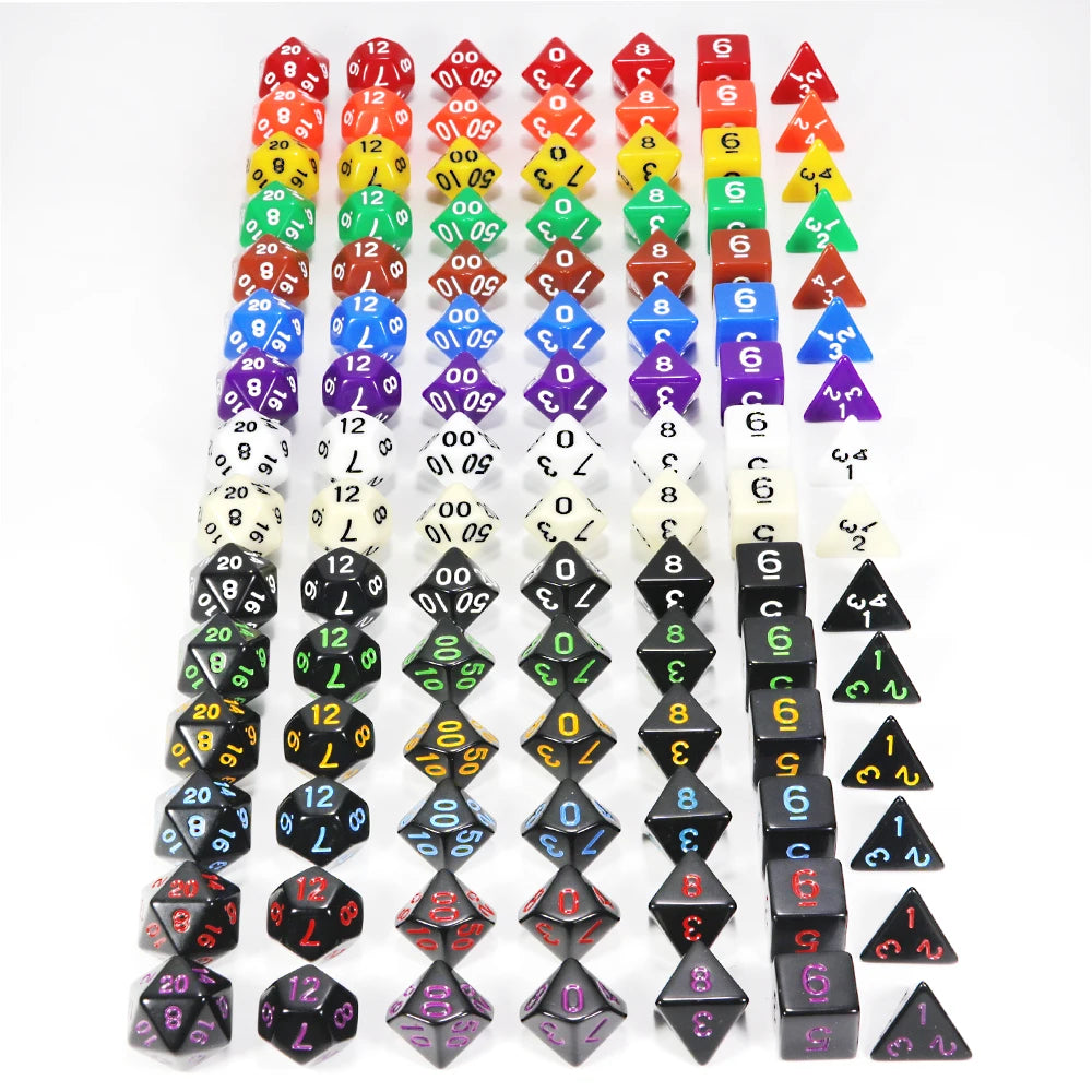 A vertical arrangement of colorful acrylic dice in various shapes and colors for tabletop role-playing games