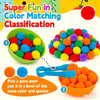 A colorful sorting activity showing pom-poms of various colors being placed into bowls using tweezers.