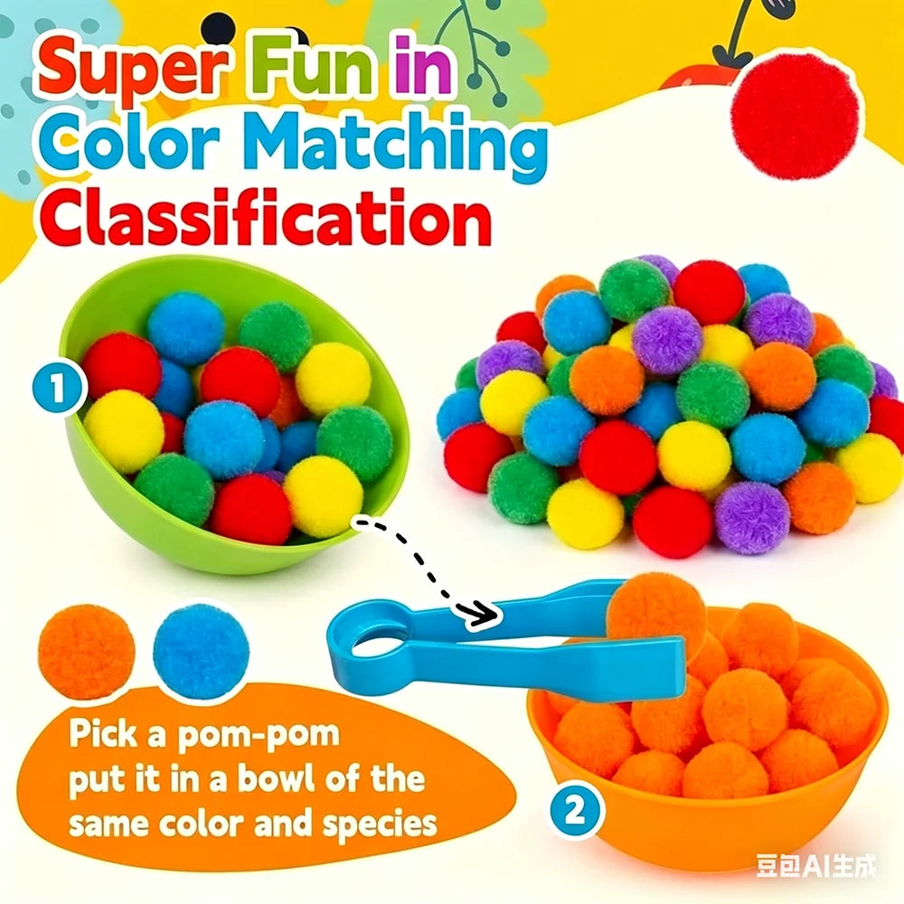 A colorful sorting activity showing pom-poms of various colors being placed into bowls using tweezers.