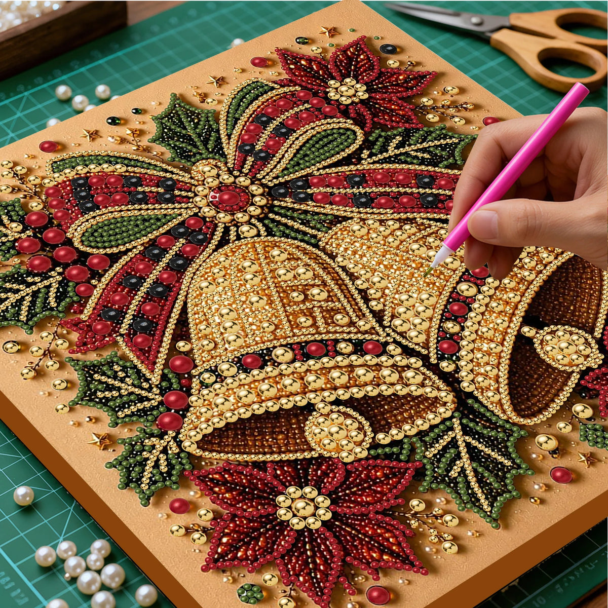 A close-up of a diamond painting artwork featuring intricate red, green, and gold floral designs on a canvas.