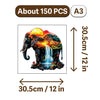 A jigsaw puzzle depicting an elephant with a waterfall surrounded by foliage.