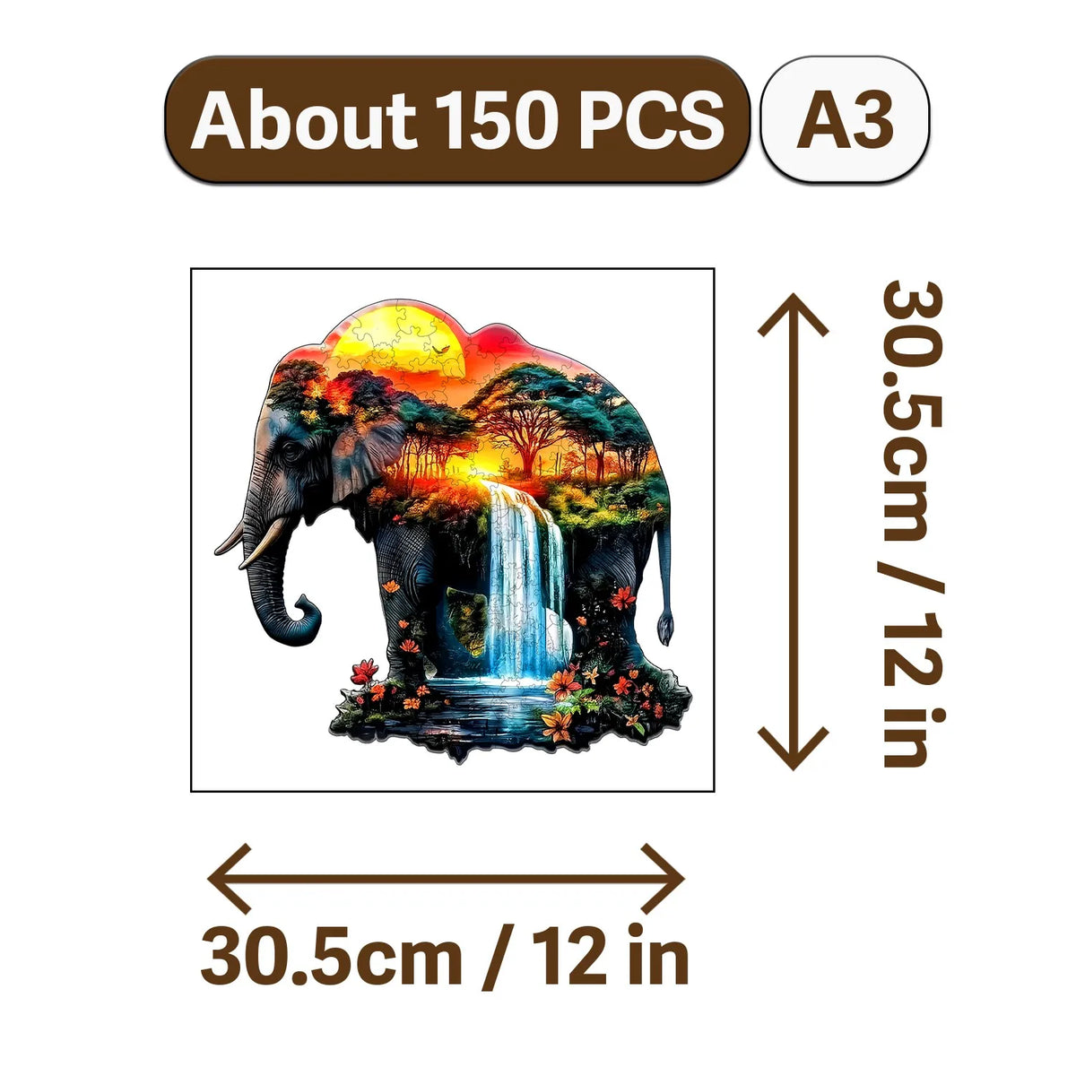 A jigsaw puzzle depicting an elephant with a waterfall surrounded by foliage.