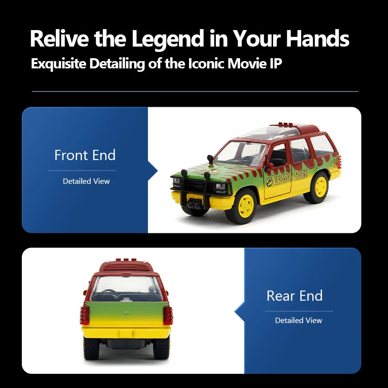 Front and rear views of a 1:32 scale diecast model of the Jurassic Park Ford Explorer Tour Vehicle