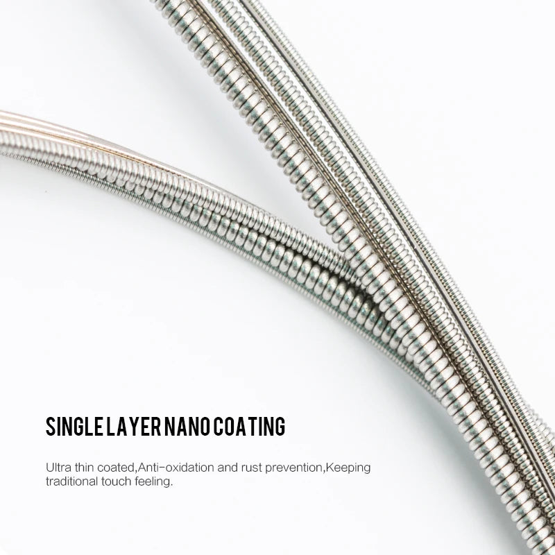 Close-up of single layer nano coated electric guitar strings with a hexagonal steel design.