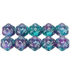 A set of ten glitter polyhedral dice in various shades of blue and purple for tabletop role-playing games