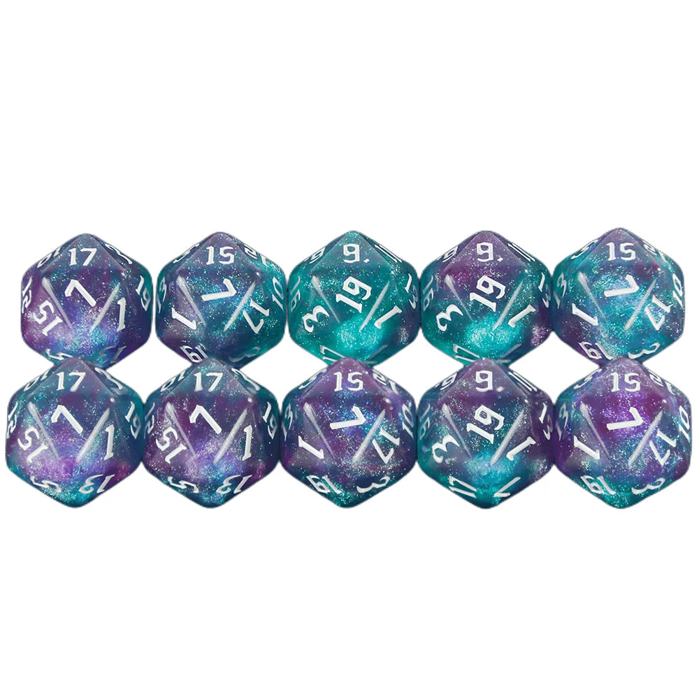 A set of ten glitter polyhedral dice in various shades of blue and purple for tabletop role-playing games