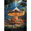 A detailed painting of a carousel structure illuminated by warm lights in a lush, forested outdoor setting.
