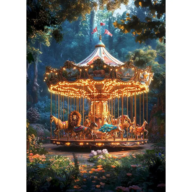 A detailed painting of a carousel structure illuminated by warm lights in a lush, forested outdoor setting.