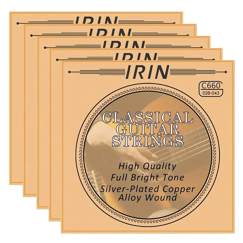 A set of classical guitar strings with a silver-plated copper alloy wound, packaged in light brown cards.