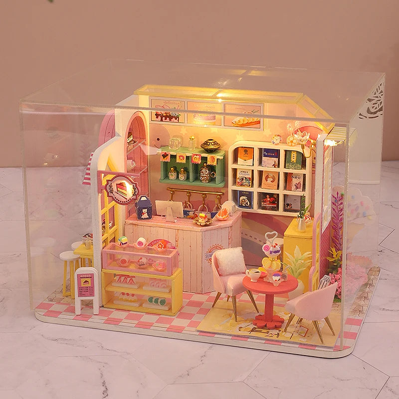 Wooden Dollhouse Kit with Furniture and Lighting