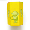 A yellow cardboard box featuring a green, round, humanoid figure design.