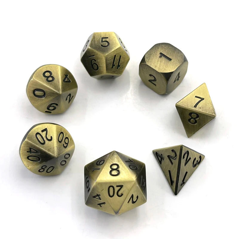 A set of premium metal polyhedral dice with a multicolor gold finish arranged in a circle.