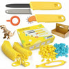 A yellow cardboard construction kit for kids showing various tools like a safe cutter, glue, and a tool box.